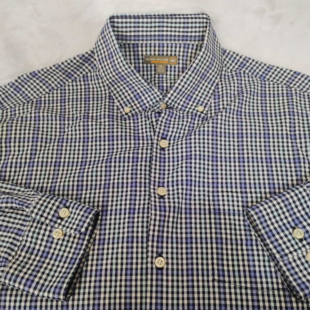 Peter Millar Summer Comfort Mens XL Blue Gingham Check Long Sleeve Shirt E
